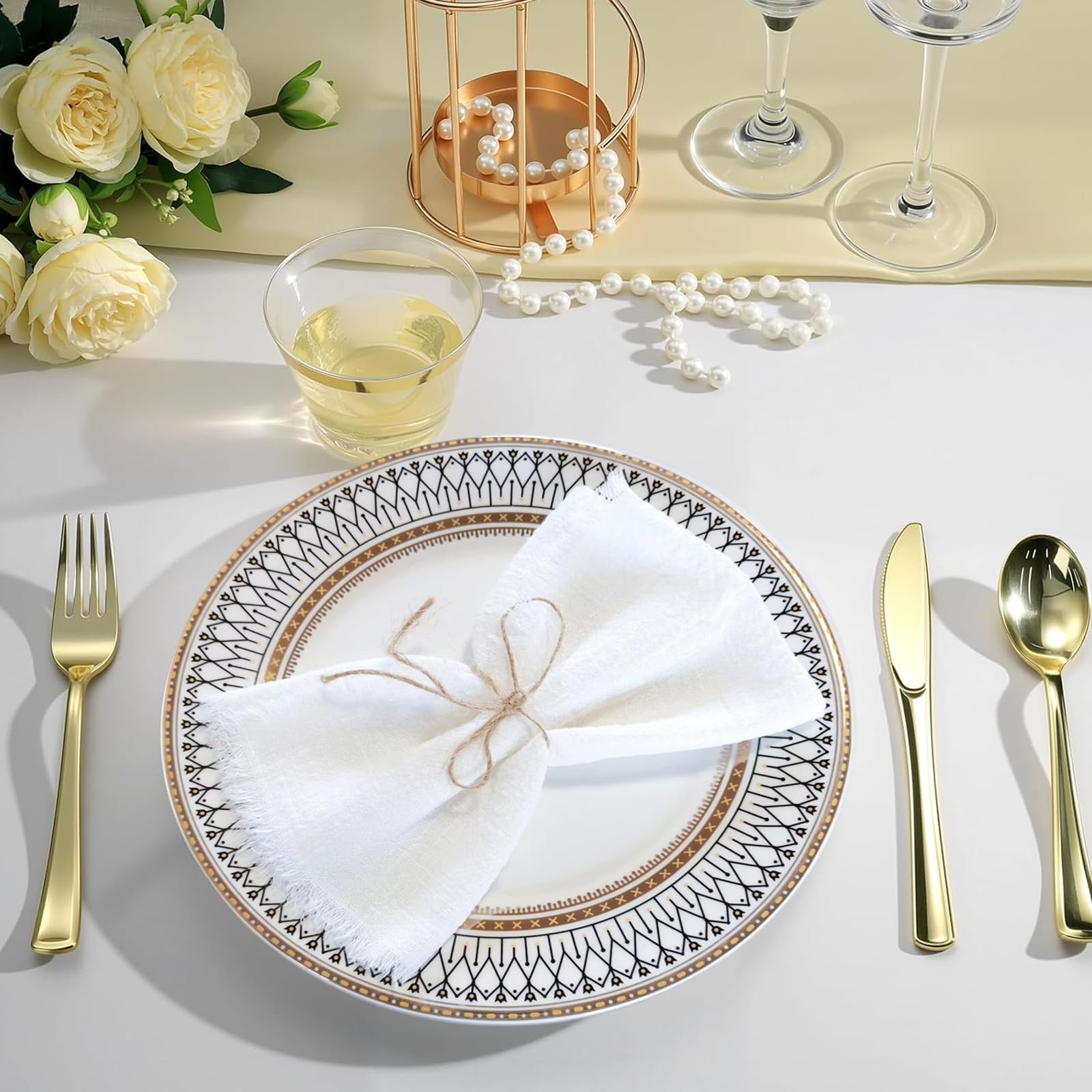 12 servilletas de tela con flecos, 32 x 32 cm, servilletas de lino de algodón, servilletas de lino blanco, para decoración de mesa, boda, cena