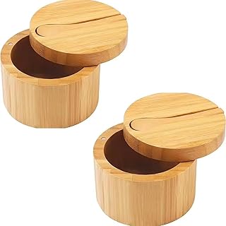 Tazweeq 2 Pcs Bamboo Salt Cellar Spice Box with Magnetic Swivel Lid & Spoon