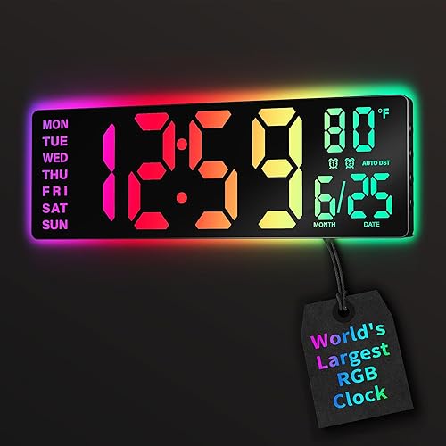 EASYERA 16.5" Large Digital Wall Clock with Remote Control, RGB Atmosphere Lights with 11 Scenes Mode, Dual Alarms with Big LED Display, Auto DST, Temperature for Living Room Gaming