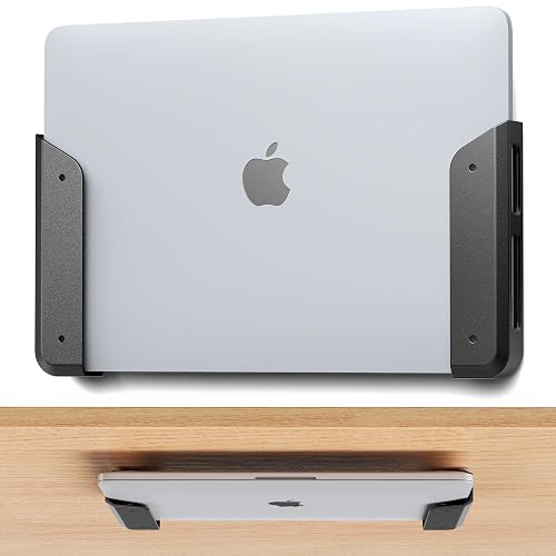 ELETIUO Wall & Under Desk Laptop Mount Holder with Adhesive & Screws in,1.02"/ 26 mm Thick,Anti-Scratch Pads,Universal for MacBooks,Surface,Keyboards,Tablets,Switch &More - Black
