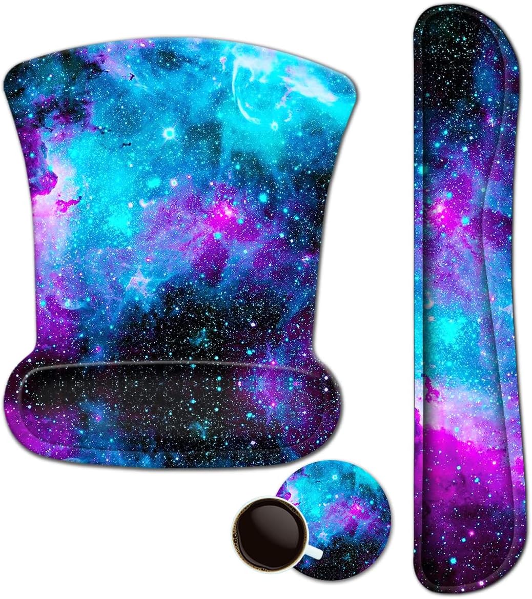 Mouse Pad with Wrist Support and Keyboard Wrist Rest Pad Set,Ergonomic Mouse Pads for Computers Laptop,Non-Slip Comfortable Mousepad w/Raised Memory Foam for Easy Typing & Pain Relief (Galaxy)