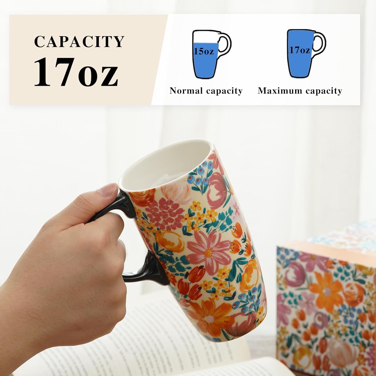 Ceramic Mug Travel Coffee Cup 17oz with Lid and Handle, Porcelain Tall Tea Cup with Handle for Home & Office, 6.5" H Orange Floral Mug - Image 3