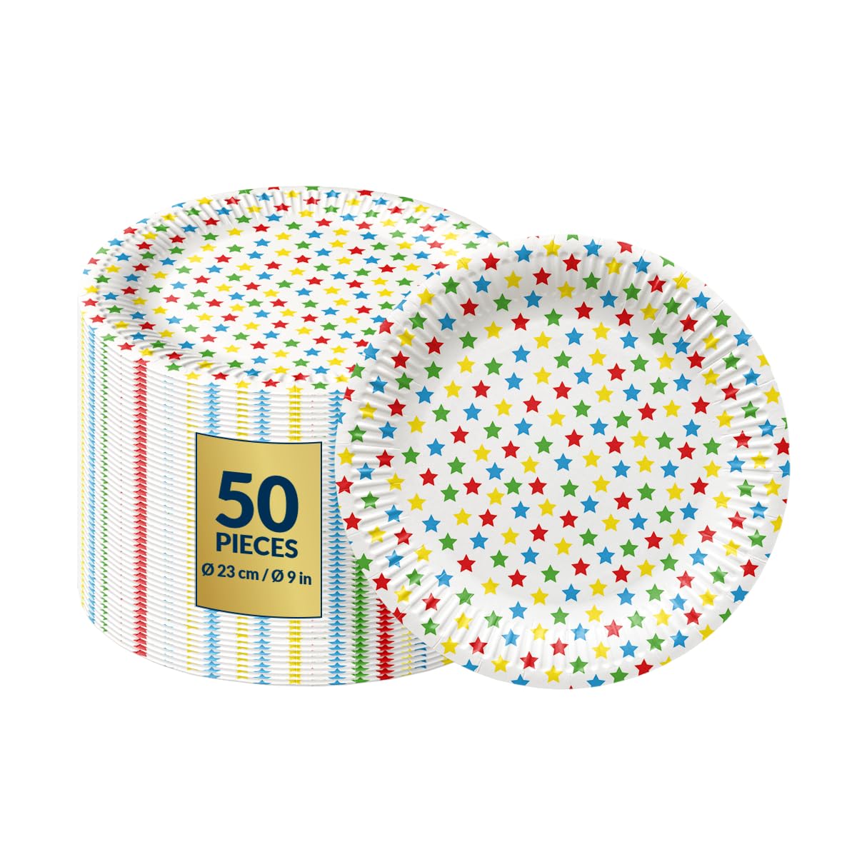 PAW - Disposable Paper Plates (9 Inch, 50-Pack), Fun & Colorful Themed Party Plates for Birthday, Kids Party, Picnic, New Year's Eve, Soak Proof Plates Ideal for Children's Parties - Colorful Stars