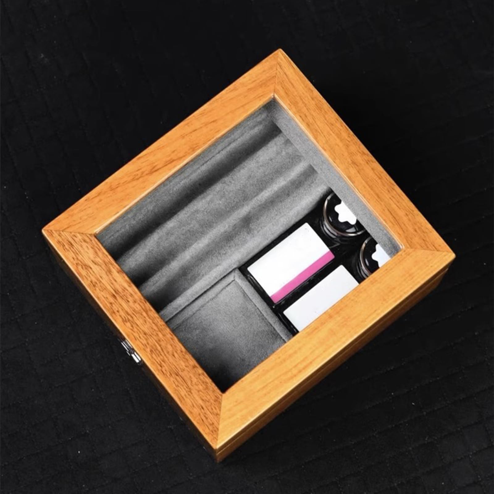 Caja expositora de bolígrafos de madera, caja de almacenamiento para plumas estilográficas de lujo, caja organizadora para 6 bolígrafos y 2 ranuras para almacenamiento de botellas de tinta, con ventan