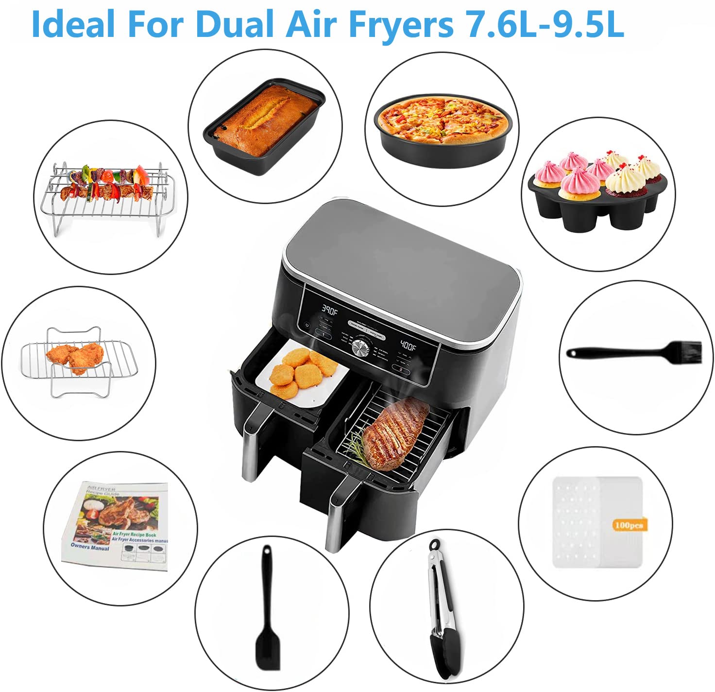 Set di accessori per friggitrice ad aria, set da 10 pezzi per doppio cestino, accessorio antiaderente per friggitrice ad aria con teglia, pizza, rack multistrato, spiedino, stampo per morso d'uovo,