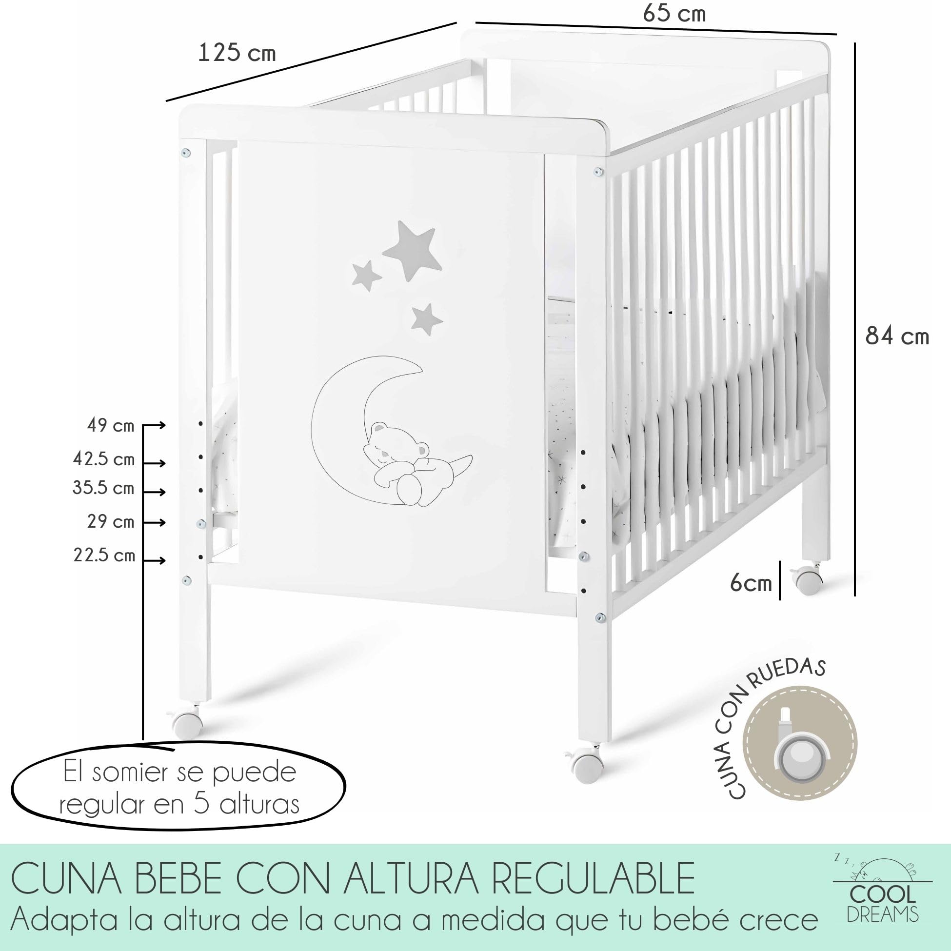 Cuna Evolutiva Madera Colchón Morfeo y Protector Colchón | Indi CoolDreams | Estilo nórdico, color blanco. Barandillas incluidas para convertirla en cama. Funda de colchón impermeable.