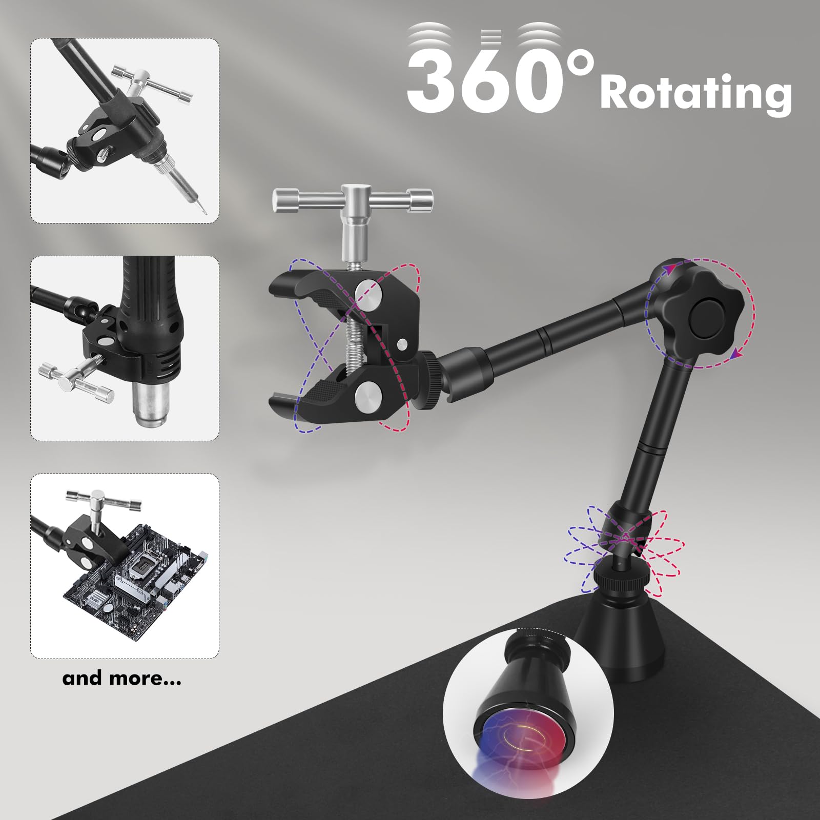 Mains secourables, troisième main à souder, support de carte de circuit imprimé avec lampe loupe 3X LED, support de pistolet à air chaud, bras métalliques flexibles et base robuste