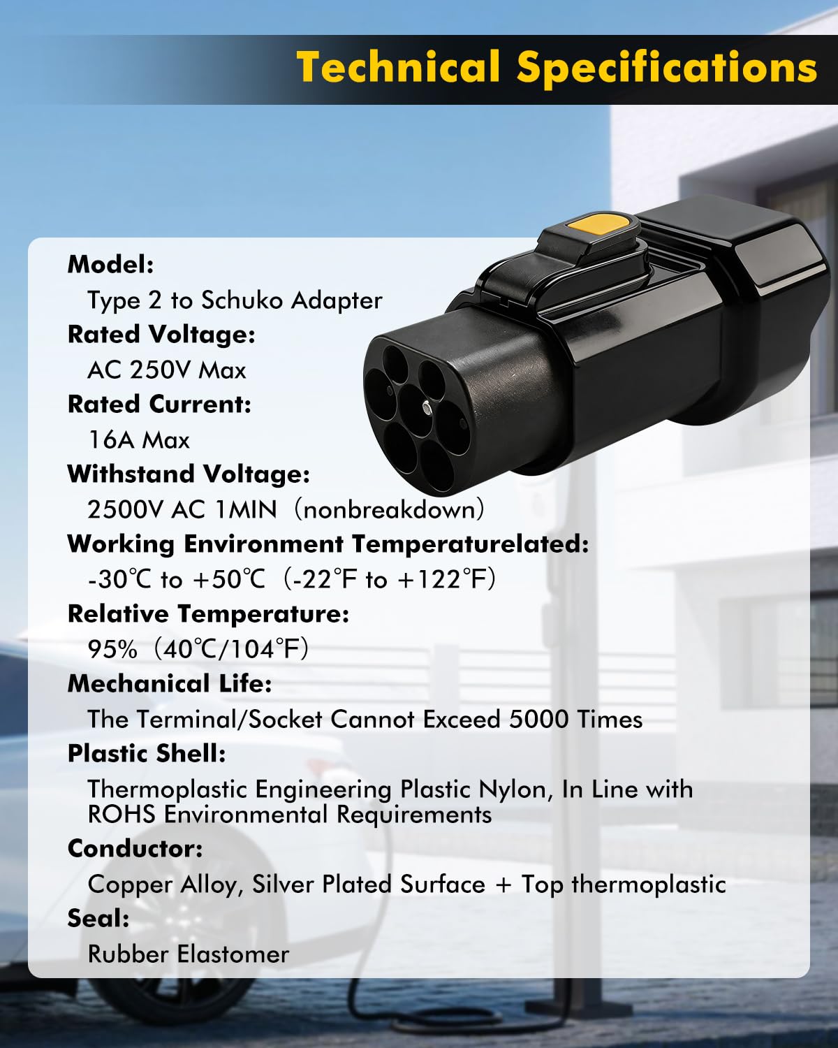 Erato Adattatore Tipo 2 a Schuko 220 V-250 V 16 A IEC-62196 Adattatore Stazione di Ricarica per Auto elettriche Scooter Elettrico Bicicletta Moto Bici elettrica, Non V2L, Nero