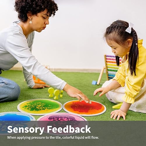 Miniatura 5 de Art3d 4 azulejos redondos sensoriales para niños, niños pequeños y niños, tapete de actividad sensorial líquida colorida para juego activo y