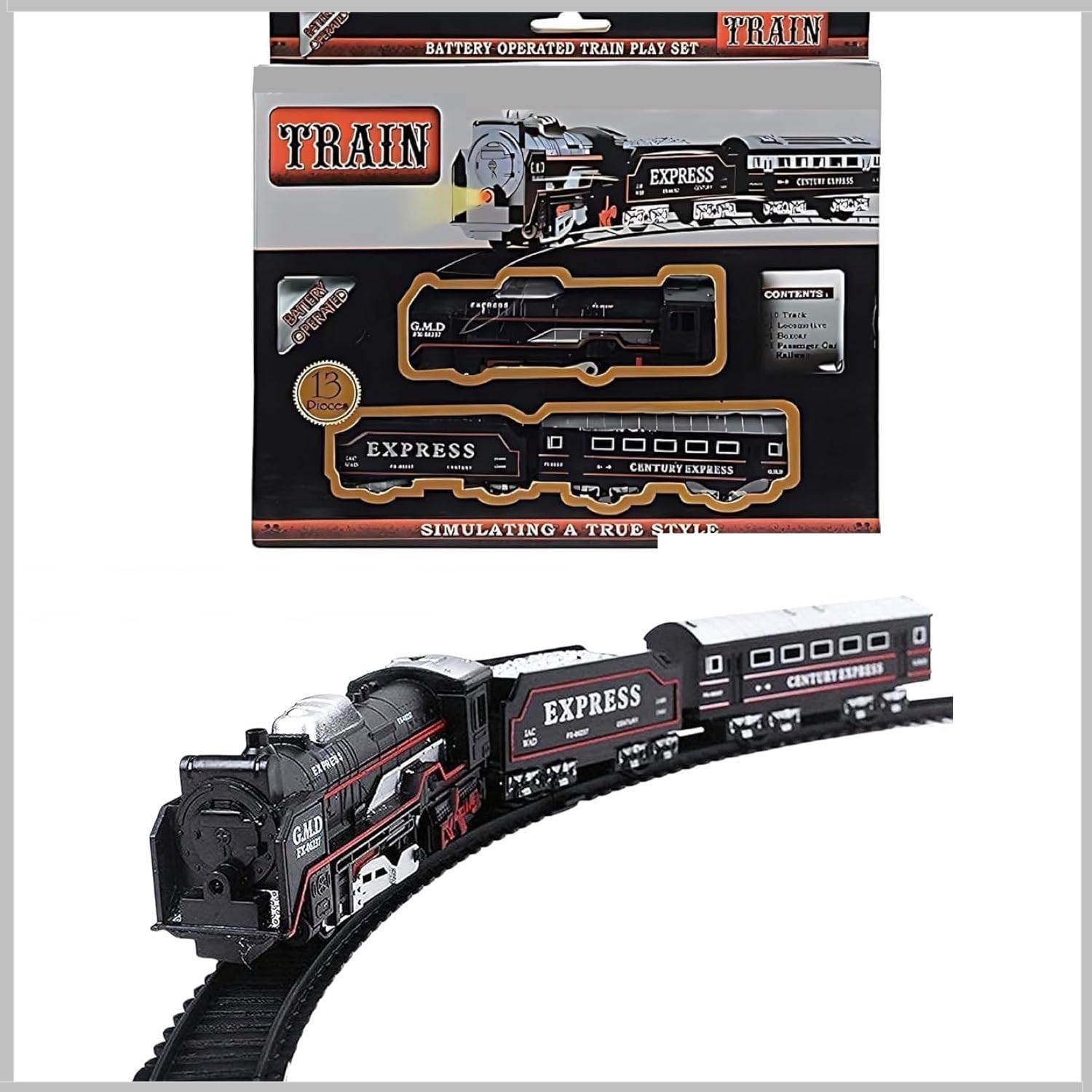 Braintastic Battery Operated Toy Train Set with Engine Locomotive Passenger Coach Cargo Car Track Pieces Headlight Railway Play Set for Kids 13 Pieces