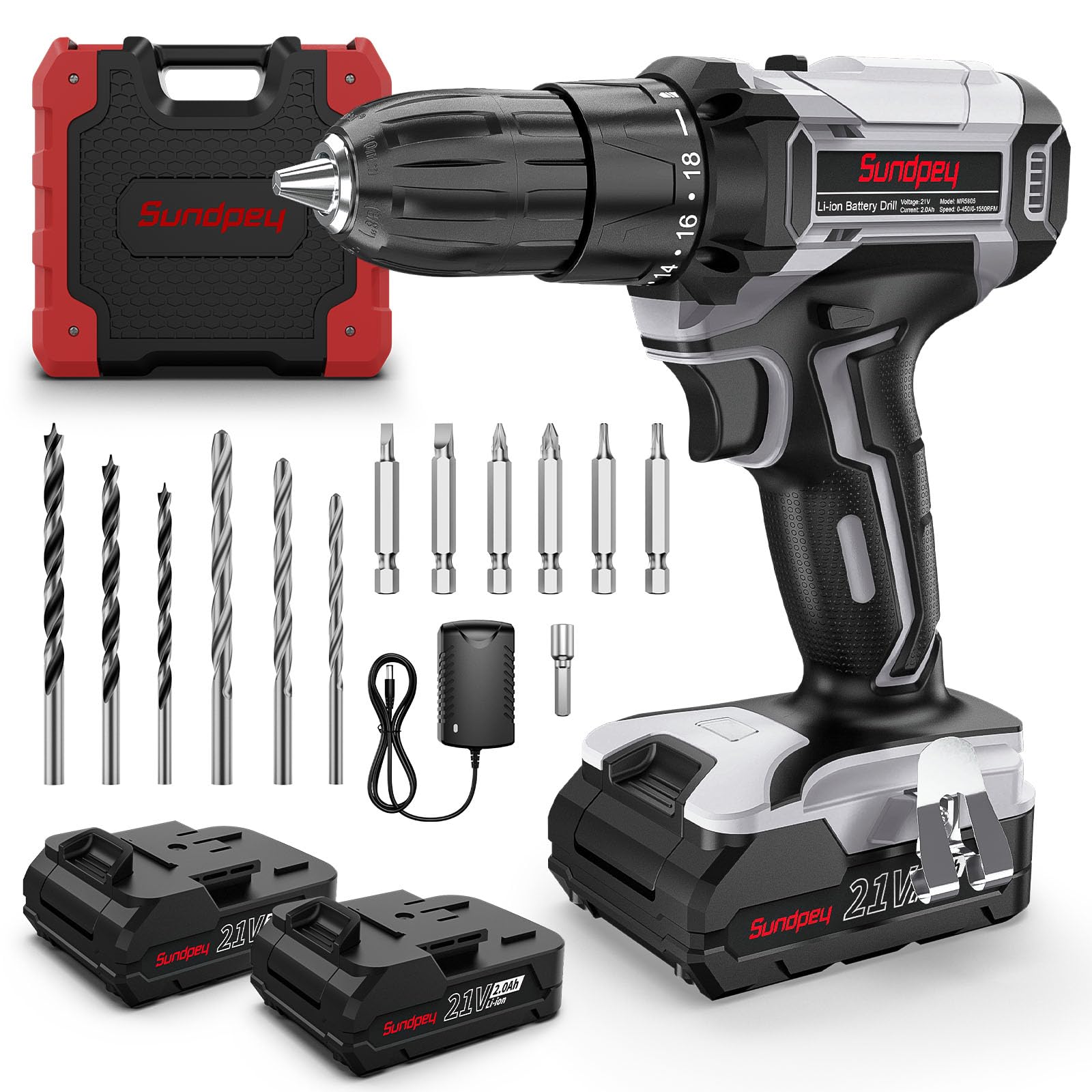 Sundpey Drill Driver Cordless Brushless - 21V Power Electric Drill Driver 2 x 2000mAh Batteries 45NM Max Combi Drills 18+1 Torque Battery Drills Cordless Screwdriver Set with 2 Speed LED Work Light