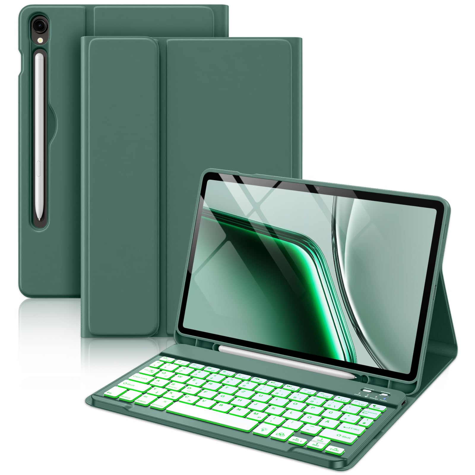 Vobafe Tastatur Hülle für Samsung Galaxy Tab S10 Lite/S10 FE/S9 FE 10.9 Zoll/Tab S9 11 Zoll, 7-Farben Beleuchtung Keyboard Cover mit Stifthalter & Schnellladung, QWERTZ-Layout, Kiefergrün