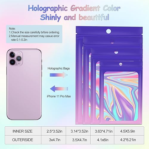 Miniatura 2 de 200 bolsas de Mylar resellables a prueba de olores, embalaje holográfico con ventana transparente, bolsa de papel de aluminio para almacenamiento de