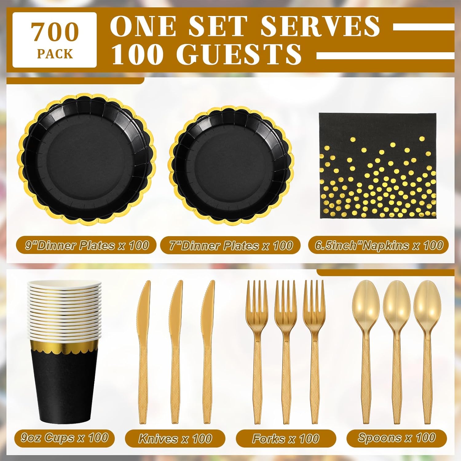 Sliner 700 Pcs Disposable Dinnerware Set Plates and Napkins Party Supplies Sever 100 Guests Gold Rim Plates Cups Gold Plastic Knives Spoons Forks Golden Dot Napkins Wedding Graduation Birthday (Black)