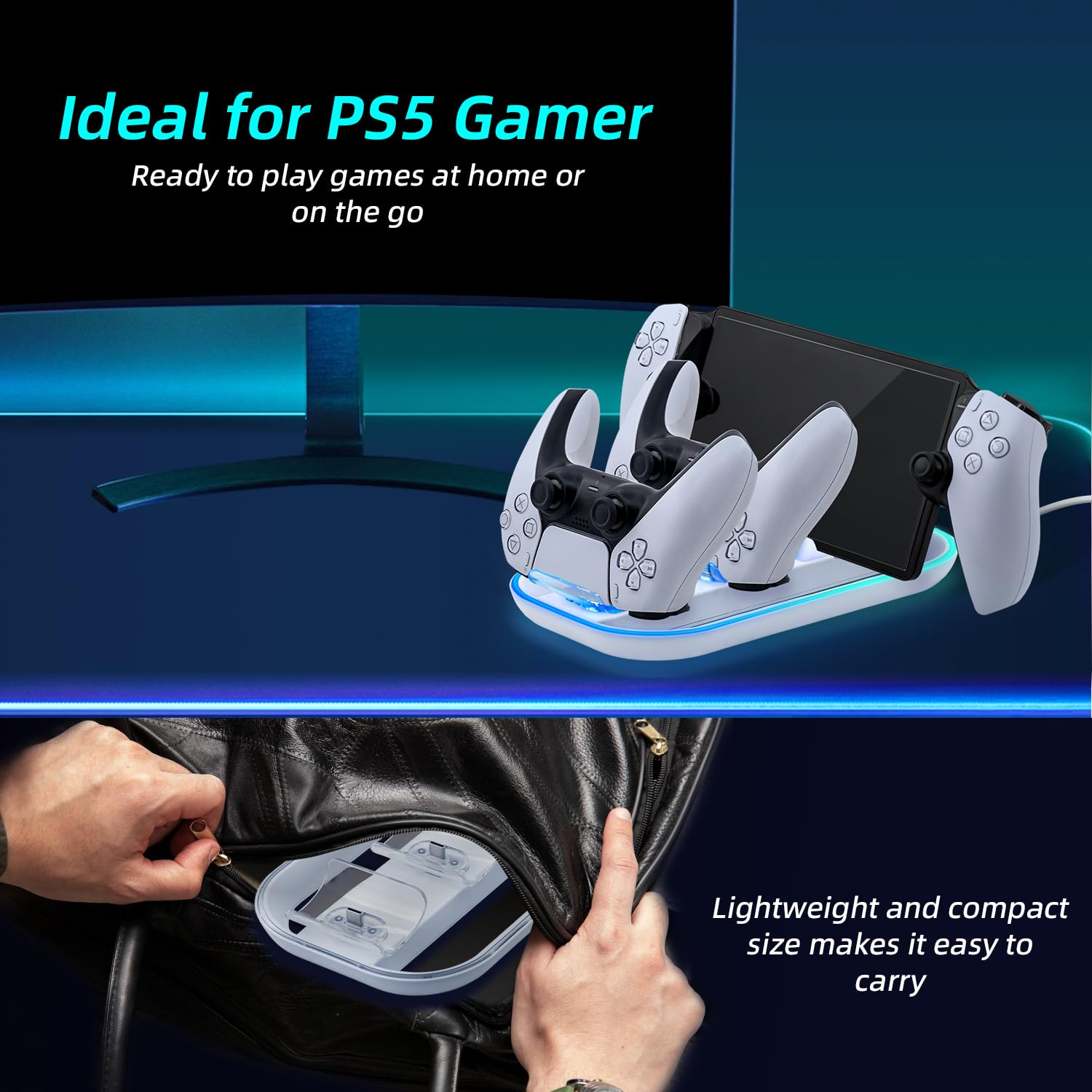 Mcbazel Stazione di Ricarica, Caricatore per PS Portal Remote Player/PS5 Controller con Illuminazione RGB
