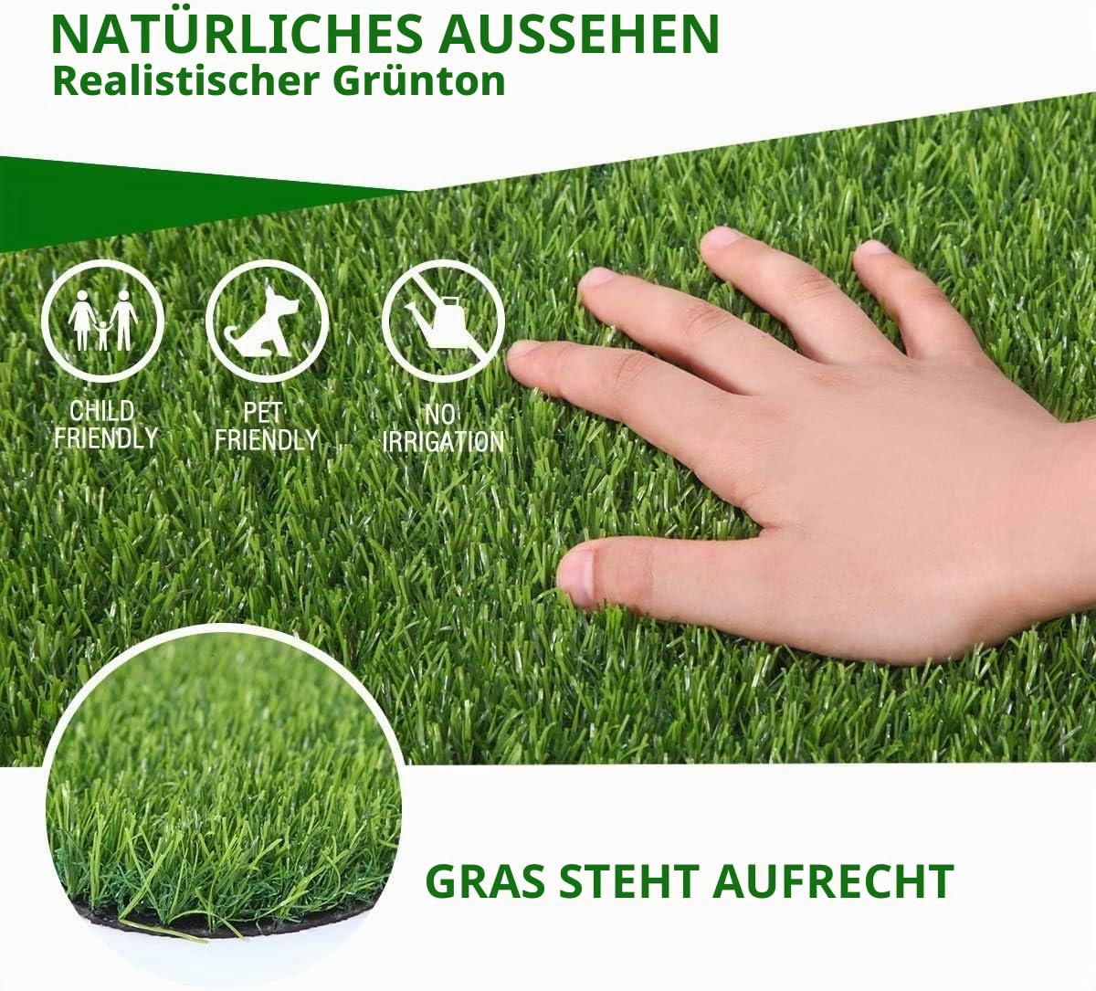 Nisorpa Kunstrasen 10x1m, Rasenteppich Outdoor 30 mm Höhe, Kunstrasenteppich Meterware Wasserdurchlässiger Kunstrasen Rolle Outdoor, Kunststoffrasen für Terrasse Balkon, Natürlich Grün