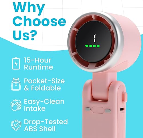 Miniatura 3 de Zephyrus - Ventilador portátil de mano, recargable USB C de 5200 mAh, silencioso de 5 velocidades, sin escobillas, tamaño de bolsillo plegable con
