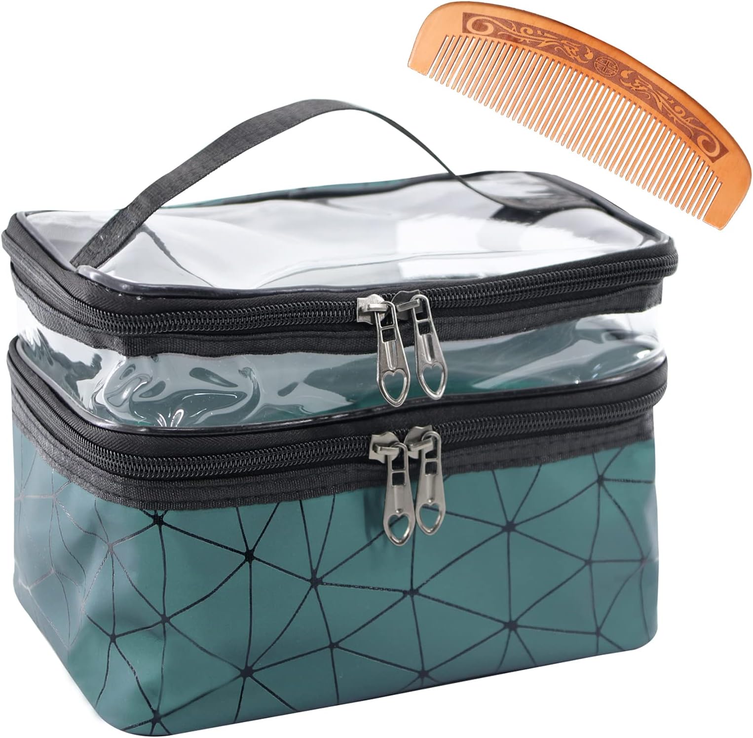 POBIDOBY Clear Makeup Bags Double layer Travel Cosmetic Cases with 1PC Comb Make up Organizer Toiletry Bags, Green, 9 x 6.5x 6 in