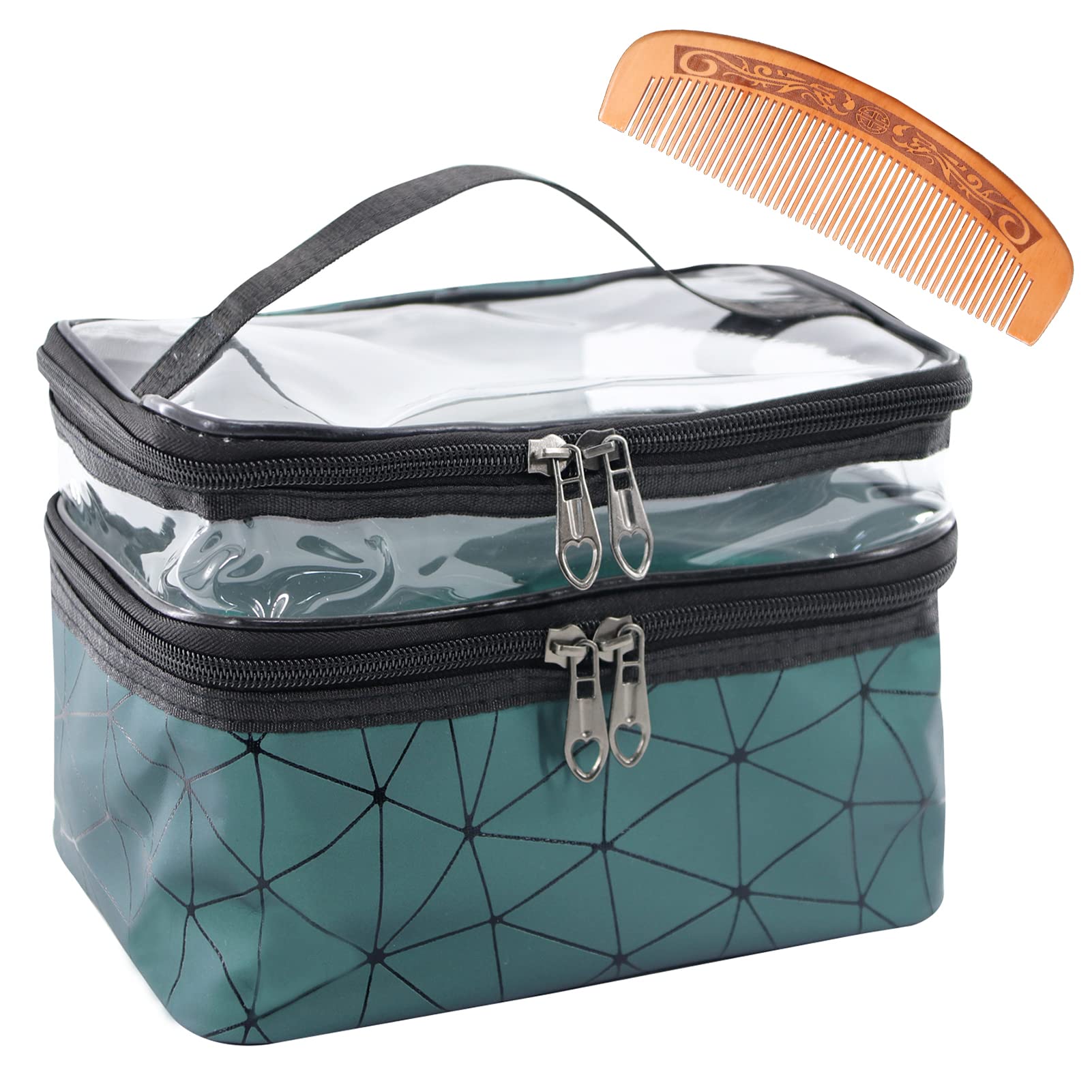 POBIDOBY Clear Makeup Bags Double layer Travel Cosmetic Cases with 1PC Comb Make up Organizer Toiletry Bags, Green, 9 x 6.5x 6 in