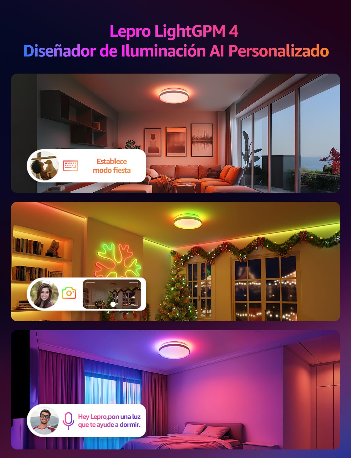Lepro T1 AI Plafón LED Techo Inteligente, Lámpara Techo 24W 1800LM, Luz RGB y Blanca Regulable, Control de Voz, Sync Música, Funciona con Alexa, Google Home, Diseñador de Iluminación AI Personalizado