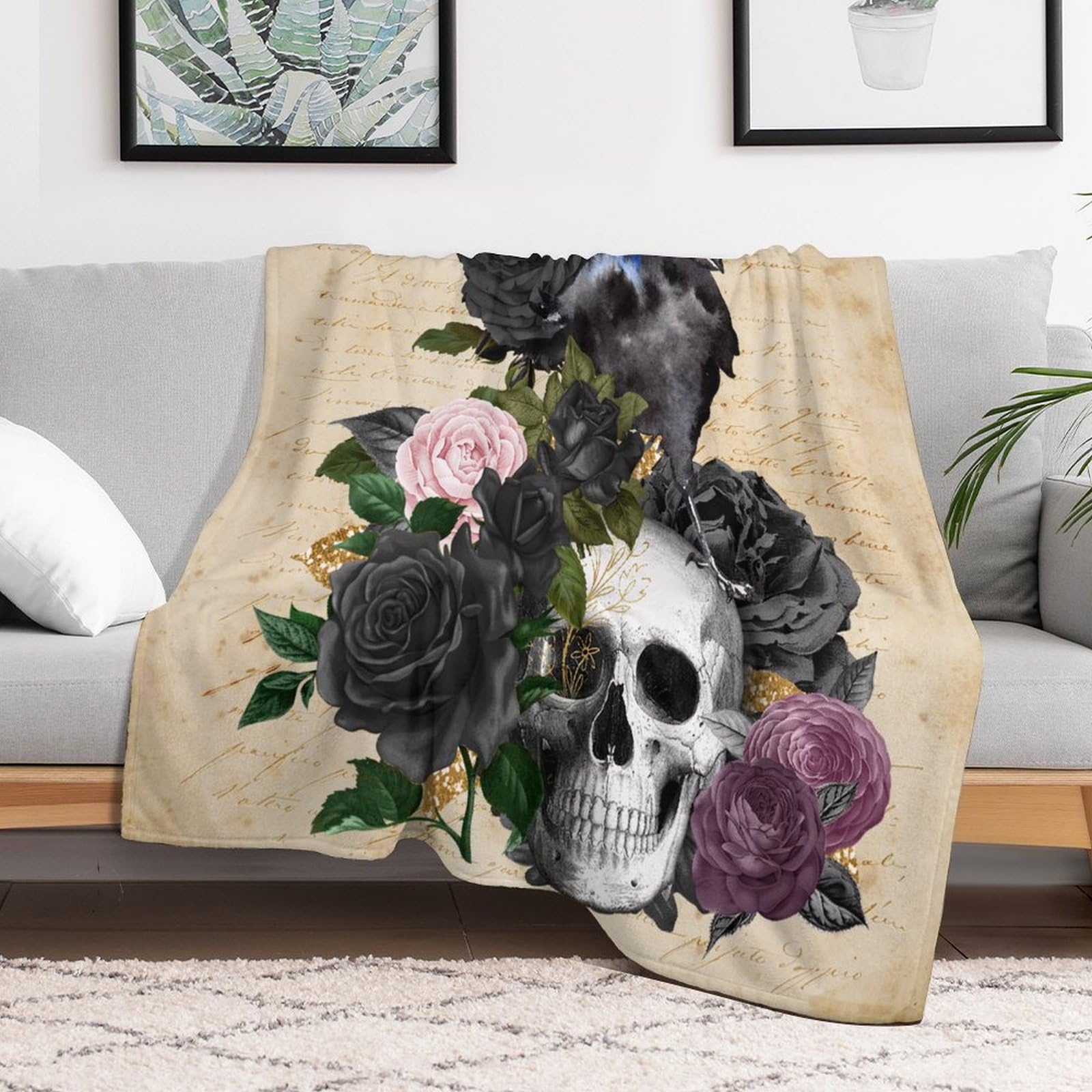 Couverture lit peluche corbeau rose et squelette : confort de luxe noir et blanc