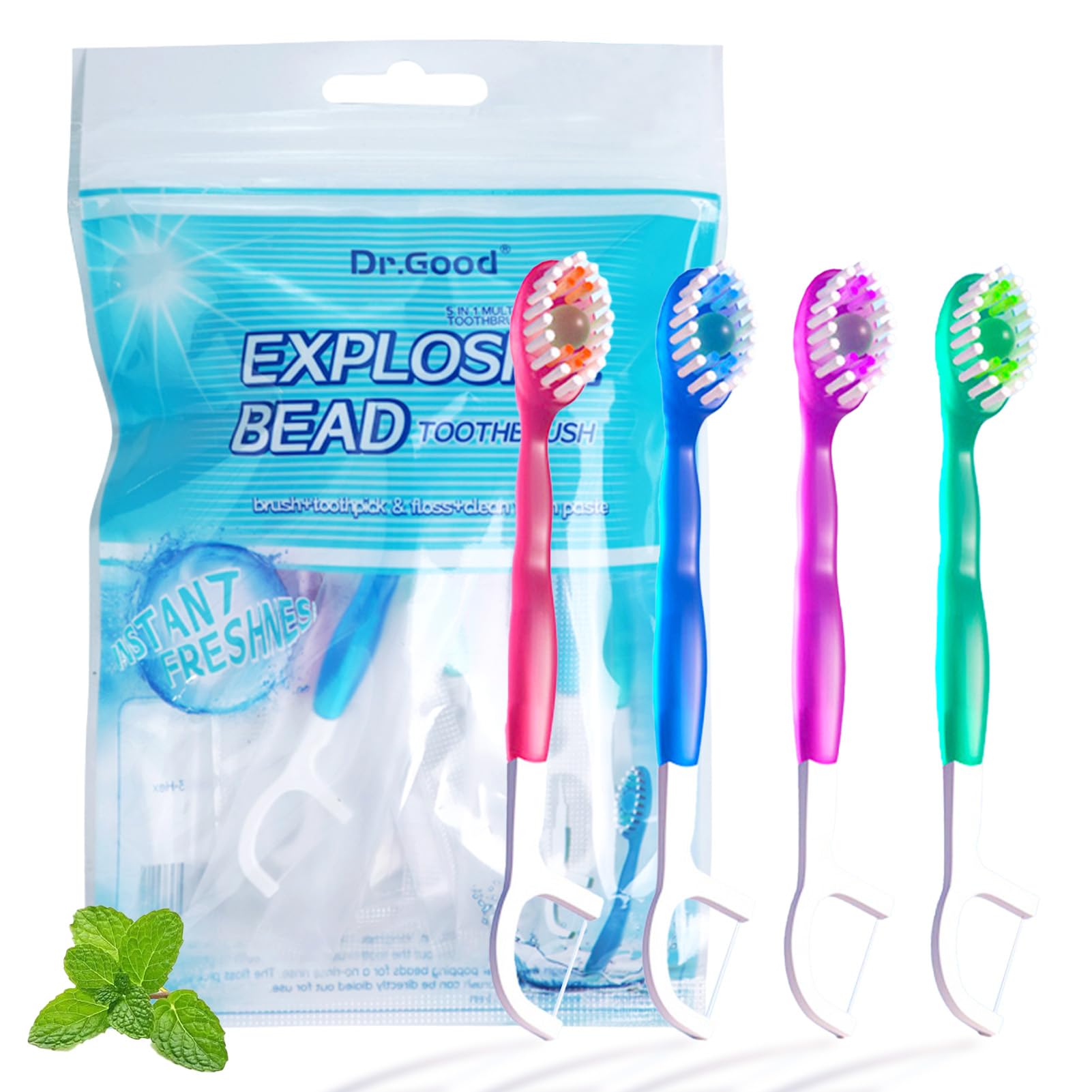 Dr. GoodDisposable Mini Toothbrush 5 in 1 Tool (Toothpaste + Floss + Pick + Tongue Scraper) Portable Travel Set Individually Wrapped Mint Oral Care,24 Packs