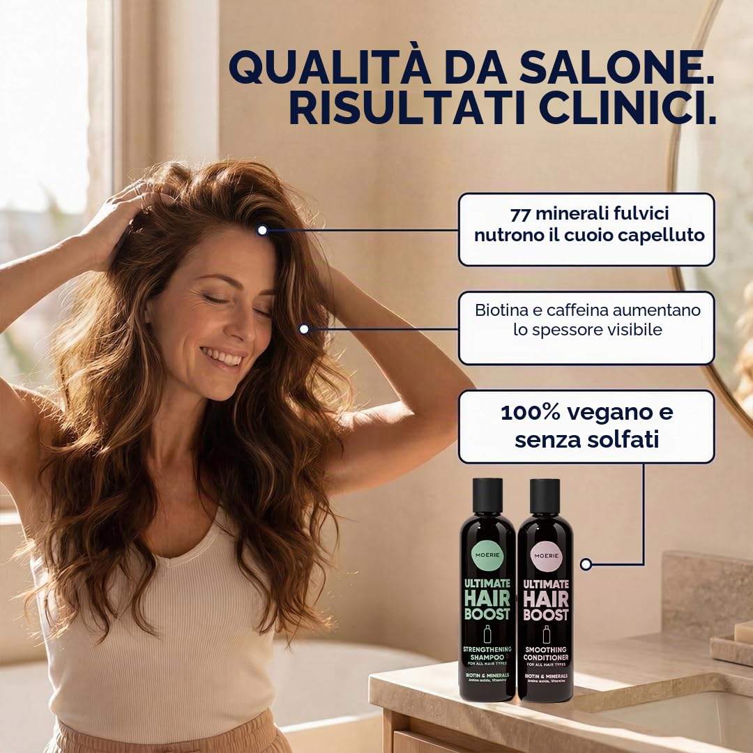 Moérie shampoo ristrutturante balsamo volumizzante anticaduta, prodotti per crescita capelli con ingredienti naturali, oltre 100 ingredienti attivi per capelli folti, lunghi e splendenti, 4 x 250 ml