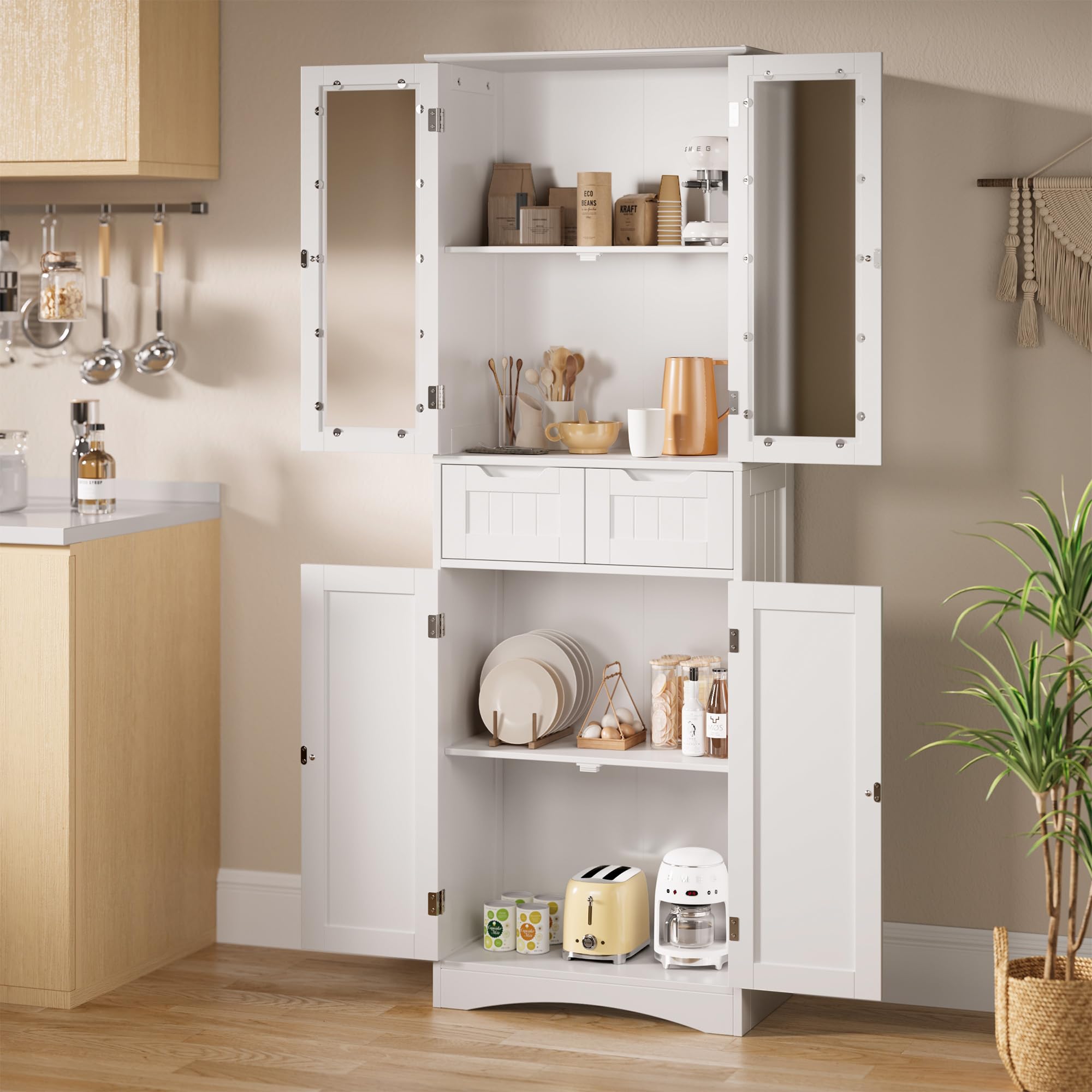 Xbro 170cm Alacena de Cocina, Mueble Despensa con 4 Armarios y 2 Cajones, Armario con Diseño Antivuelco, Alacena de Madera para Cocina, Salón y Comedor (Blanco)
