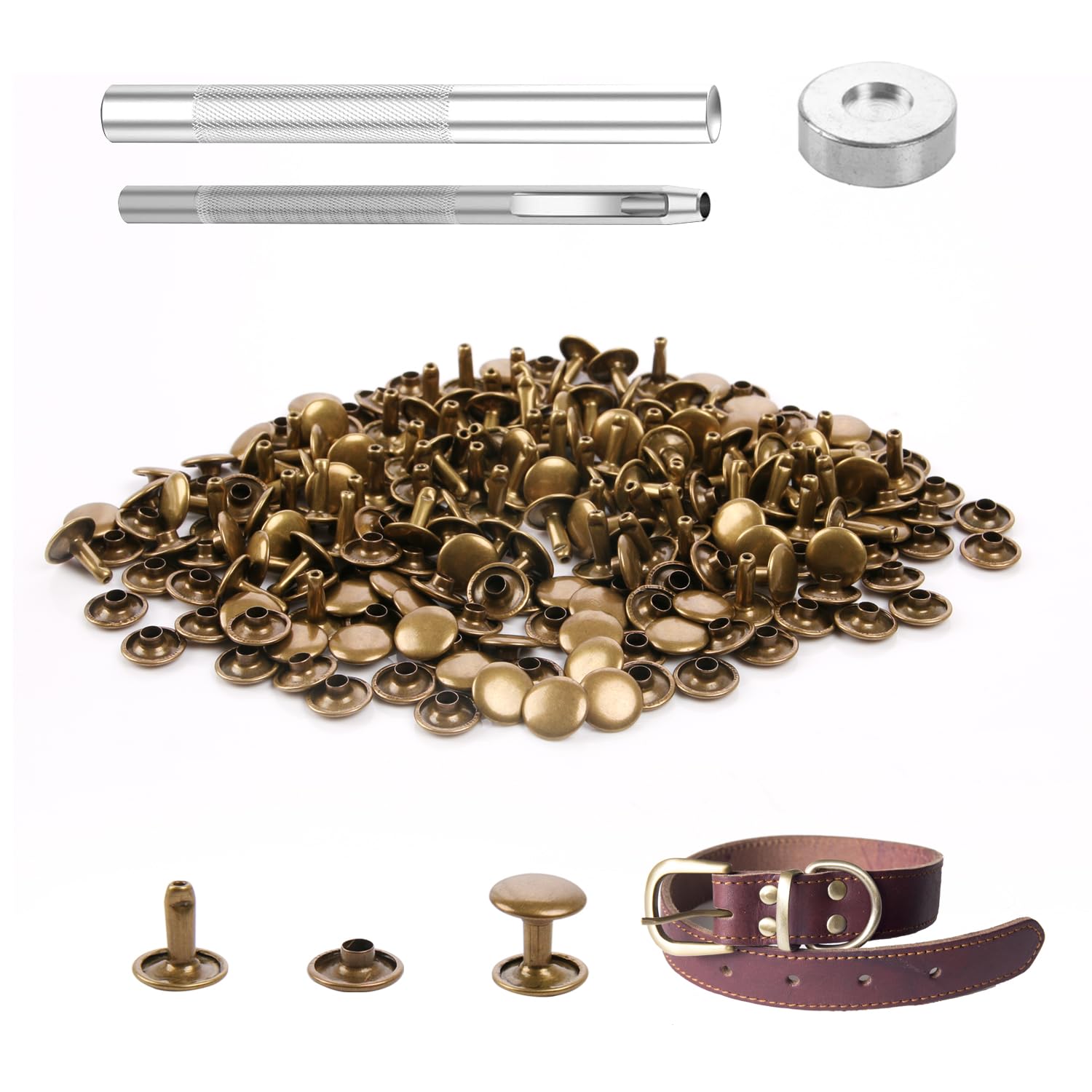 100 Sets Bronze Leather Rivets 8x8mm, Double Cap Metal Studs with 3pcs Setting Tool Kit for DIY Leathercraft, Belts, Bags, Shoes, Clothing Repair and Decoration