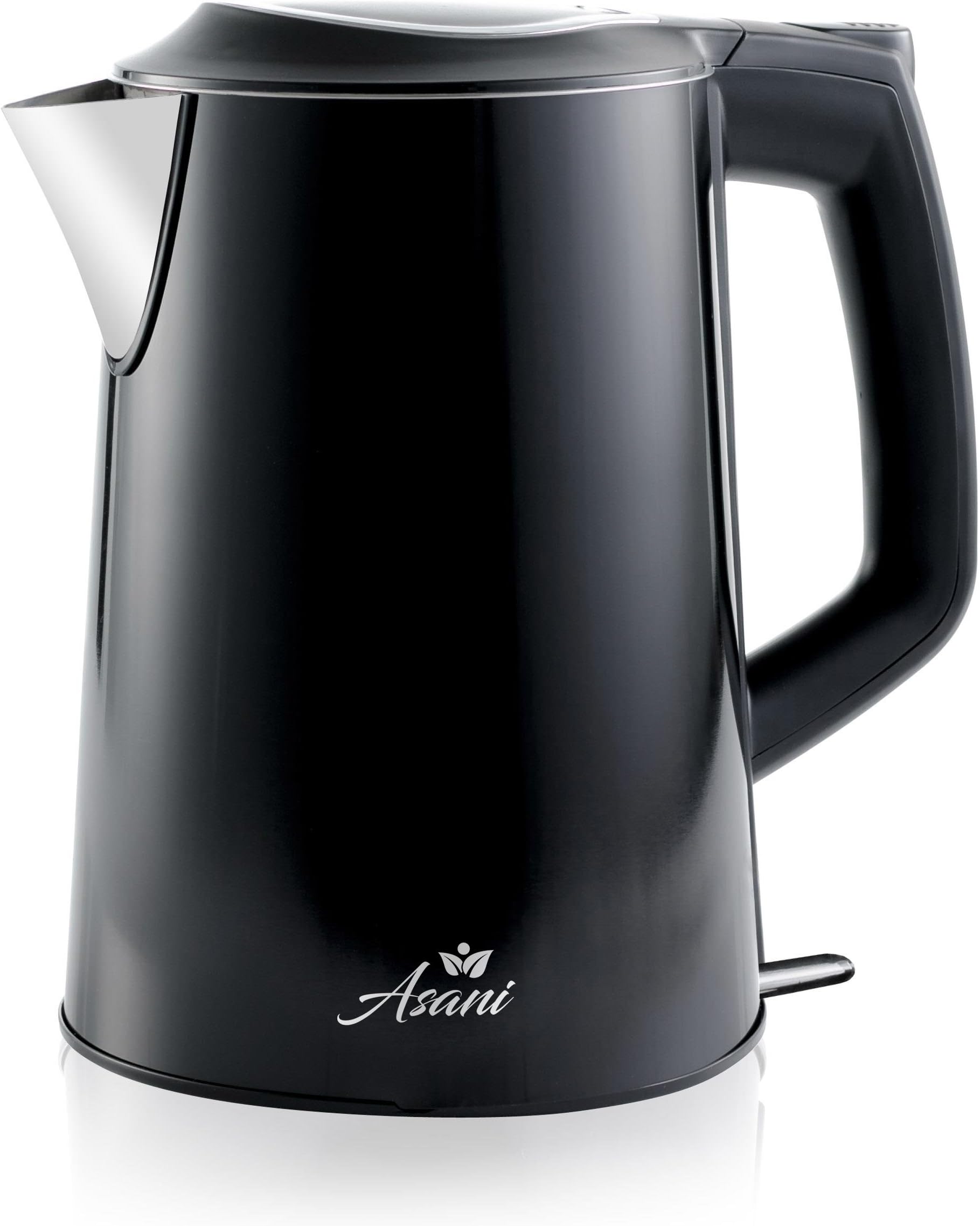 Double Wall Safe Touch Electric Kettle | Stainless Steel with 100% Plastic-Free Interior | Cordless Electronic Hot Water Pot with Cool Touch, Boil Dry Protection & More(1.9Qrt/1.8L)(Black2)