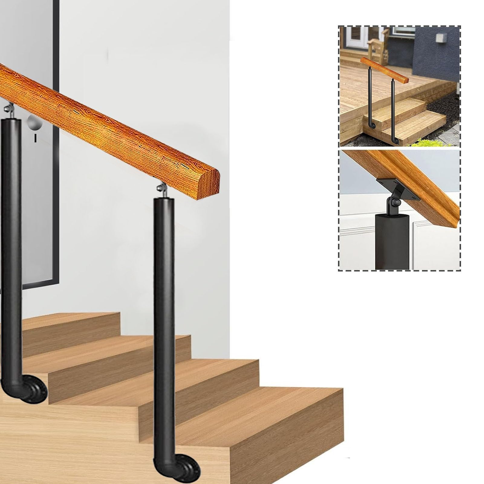Rampe d'escalier en bois élégante et robuste avec poteaux en fer forgé pour 1 à 3 marches