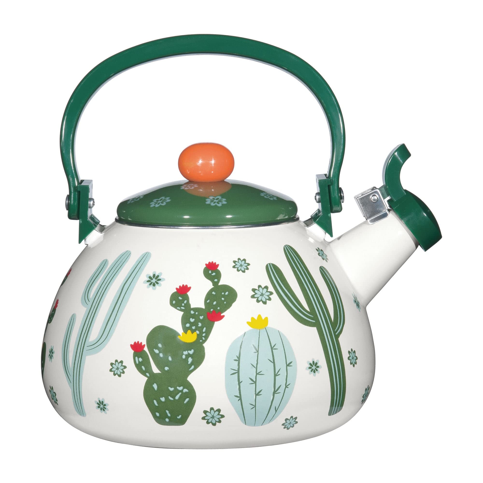 Bollitore da tè a fischio per fornello, smaltato su teiera in acciaio, design con cactus, bollitore per acqua, grazioso accessorio da cucina Teteras (2 litri, giardino di cactus)