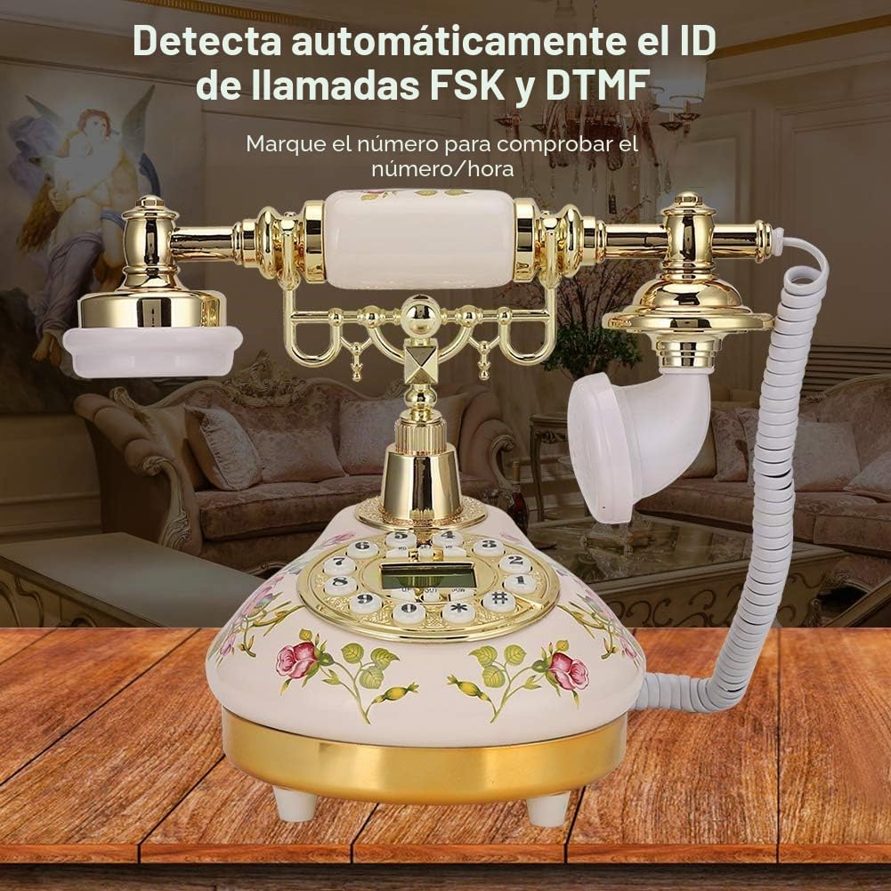 Teléfono Fijo Antiguo con Cable de Estilo Europeo para Casas, Teléfono Vintaje Retro Multifuncional de CerámicaRosa con Base Redonda para Decoración, Identificador de Llamadas