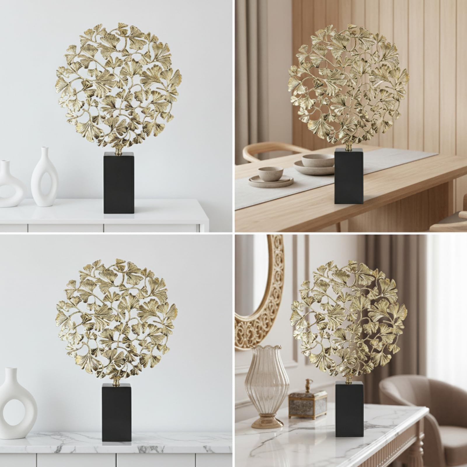 Figura Hojas Ginkgo Dorado Adorno con Base Brillante Estatua Hoja para Salón, Recibidor, Comedor, Estilo Ginkgo Grande