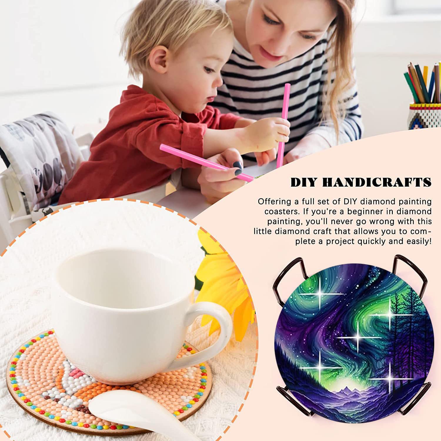 5D Diaant Peinture Dessous De Verre, 6 Pièces DIY Diaond Art Painting