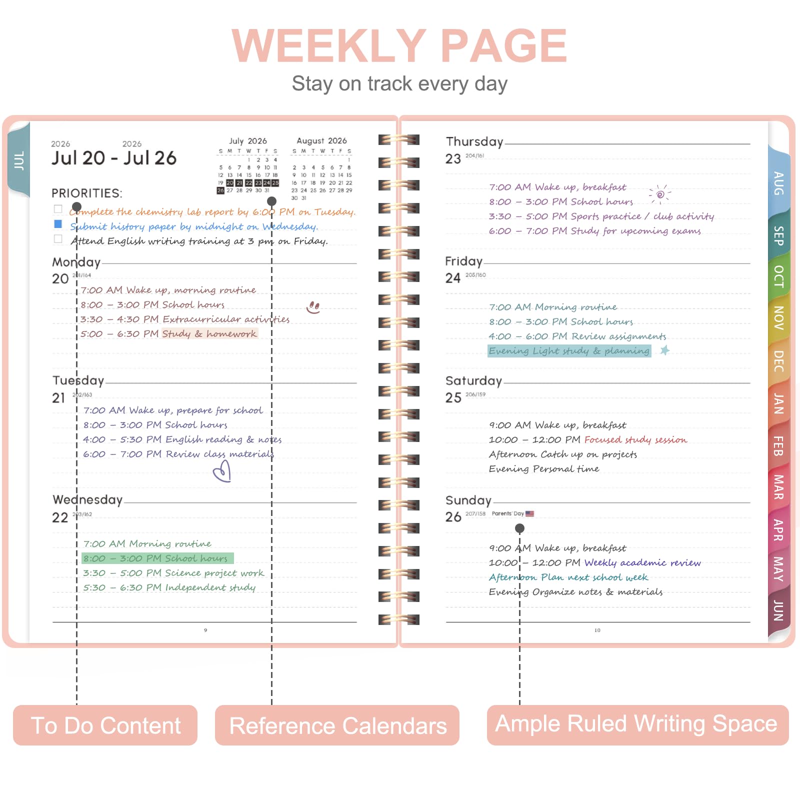 Agenda scolaire hebdomadaire et mensuel 2026-2027, juillet 2026 à juin 2027, couverture rigide, fournitures scolaires pour enseignants et étudiants, format lettre (21,6 x 27,9 cm)