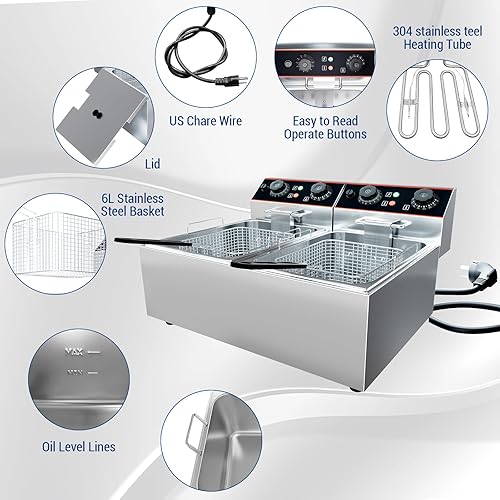 Miniatura 3 de Freidora comercial con canasta, freidora eléctrica de encimera de acero inoxidable de 23 cuartos de galón con tanque doble y control de temperatura