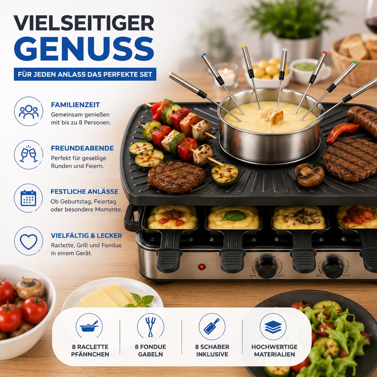 Appareil à raclette pour 8 personnes - Avec plaque de cuisson et fonction plaque de pierre - Barbecue de table avec poêlons et grattoir