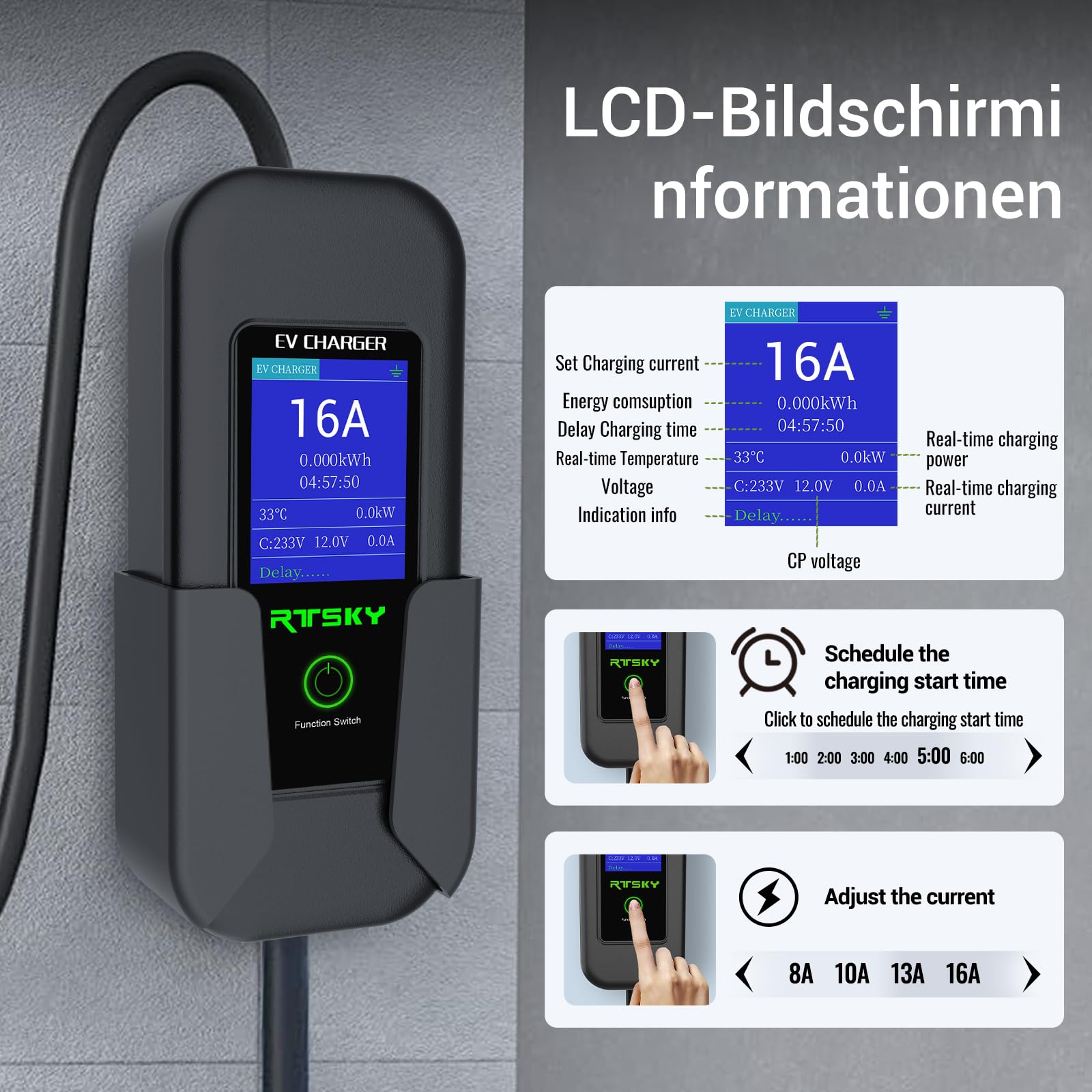 Mobile Wallbox/Ladestation 11kW [3-phasig｜5m Ladekabel] mit Einstellbarer Ladeleistung, Ladekabel CEE 16A und EV Ladegerät für Model Y/3, ID.3/4/5, MG4, EX30, e-tron, Zoe und andere EV
