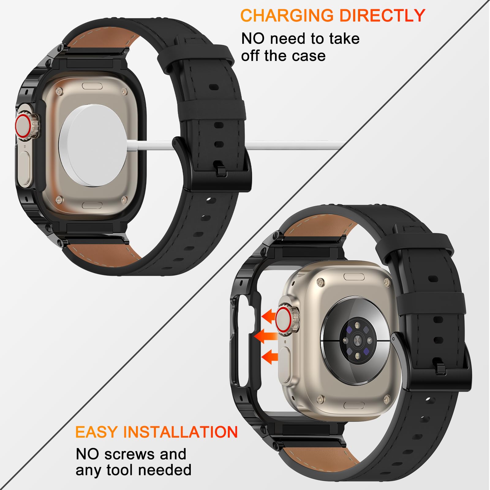 SUPLINK Metallgehäuse mit Leder Armband Kompatibel mit Apple Watch Armbänd 38/40/41/42/44/45/49mm, Robuste Edelstahl Schutzhülle Bumper Echtes Lederarmband für iWatch Ultra Series 9/8/7/6/5/4/3/2/1/SE