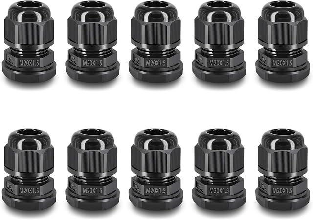 NineLeaf 10 Piece Waterproof Cable Glands Joints Adjustable 6-12mm Cable Connectors,M20x1.5 Black Compression Cable Glands Joints 20mm Diameter Titting Hole Glands, IP66 for Outdoor Use