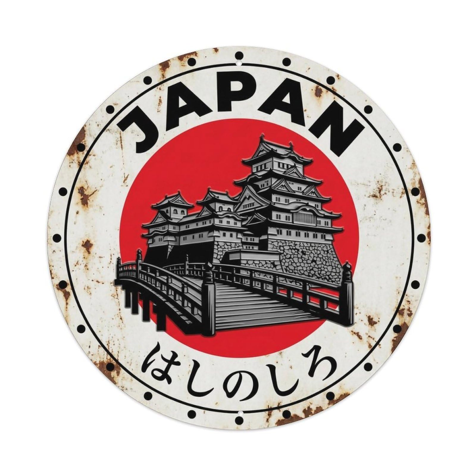 Bridge Castle Japan Fortress Building Weathered Metal Tin Sign