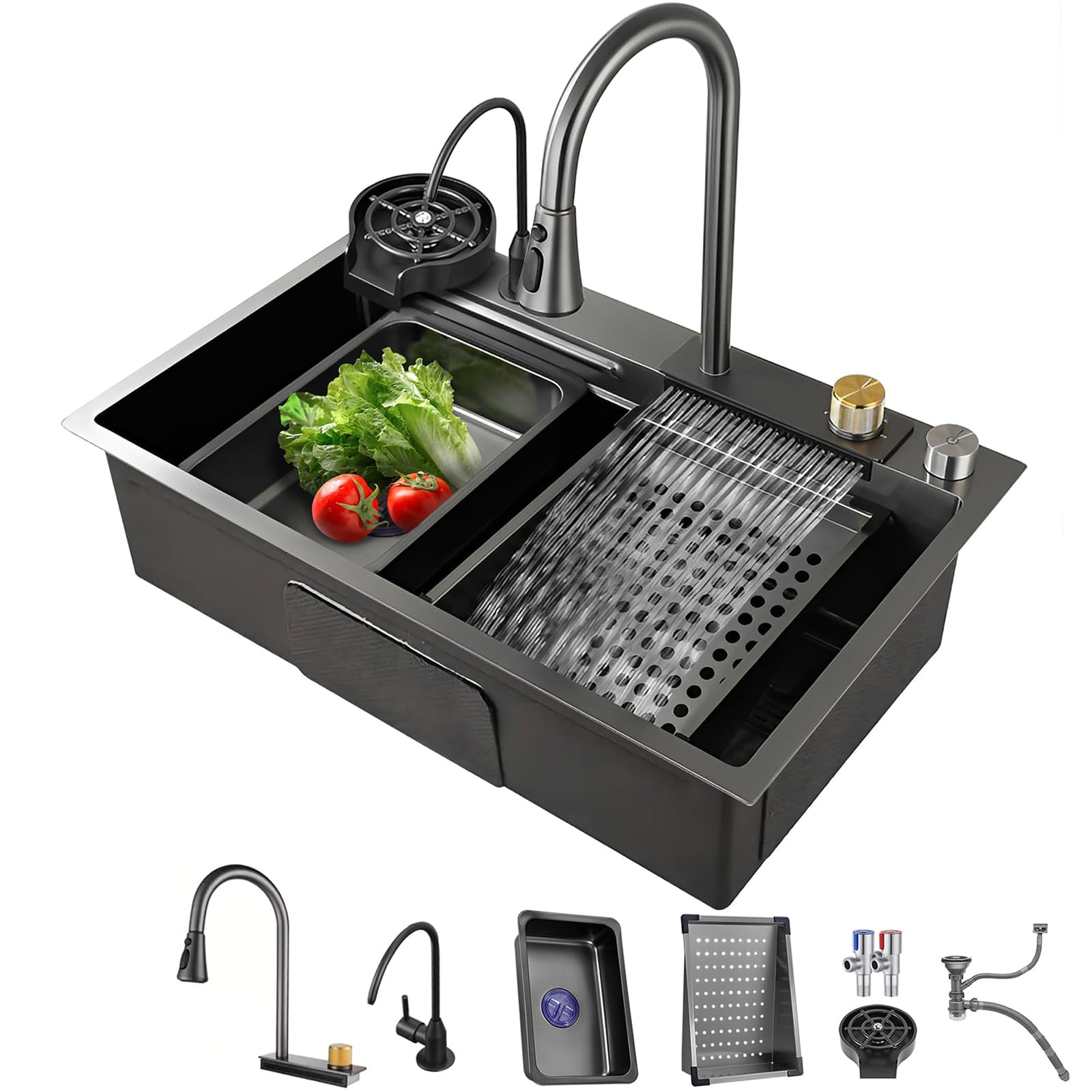 Évier de cuisine cascade avec mitigeur extractible pour grand confort
