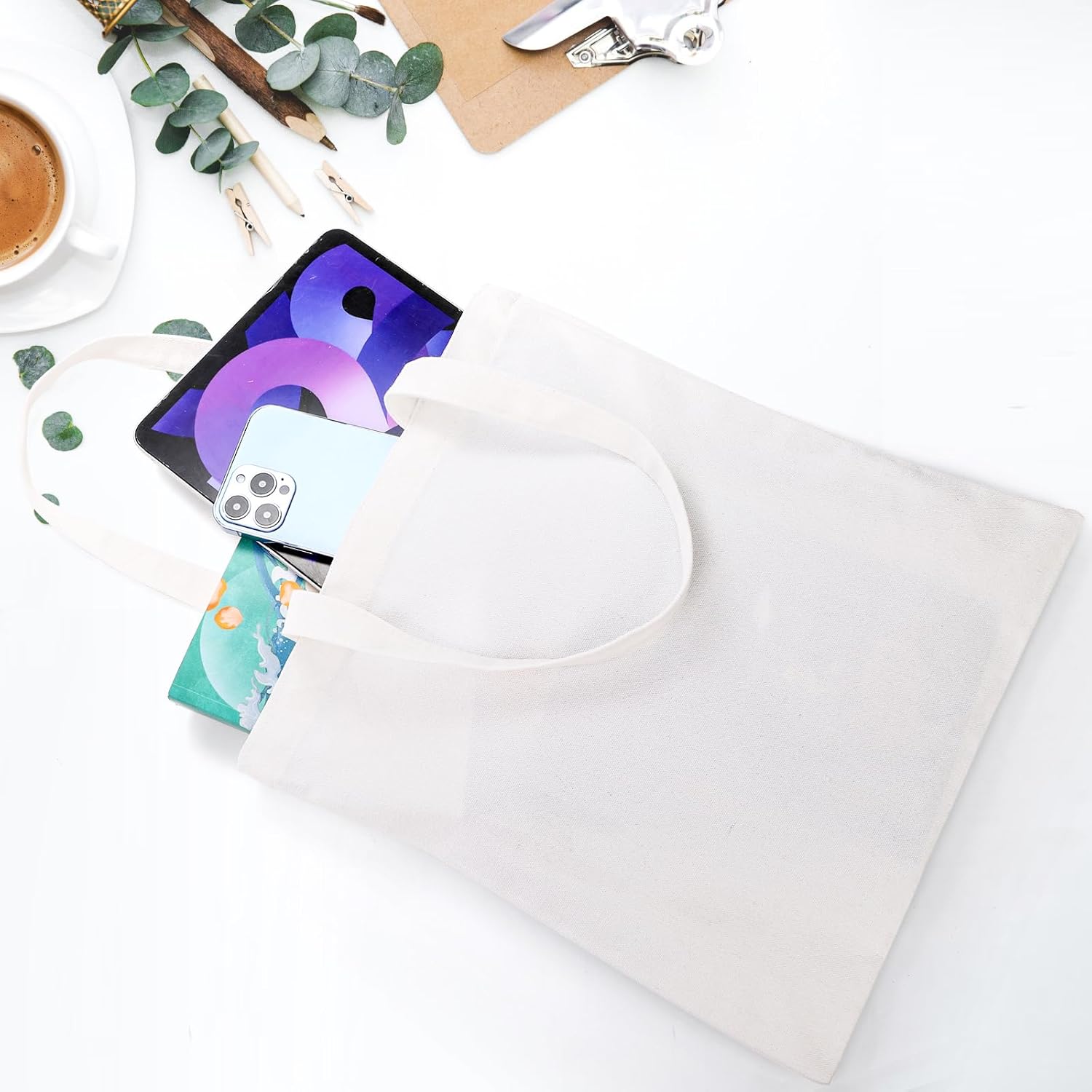 DEAYOU 12 Pack Canvas Tote Bag, 13" x 14" Sublimation Blank Cotton Cloth Bags, White Reusable Grocery Bags with Handles for Shopping, DIY Crafting, Heat Transfer, Gift, Activity - Image 3