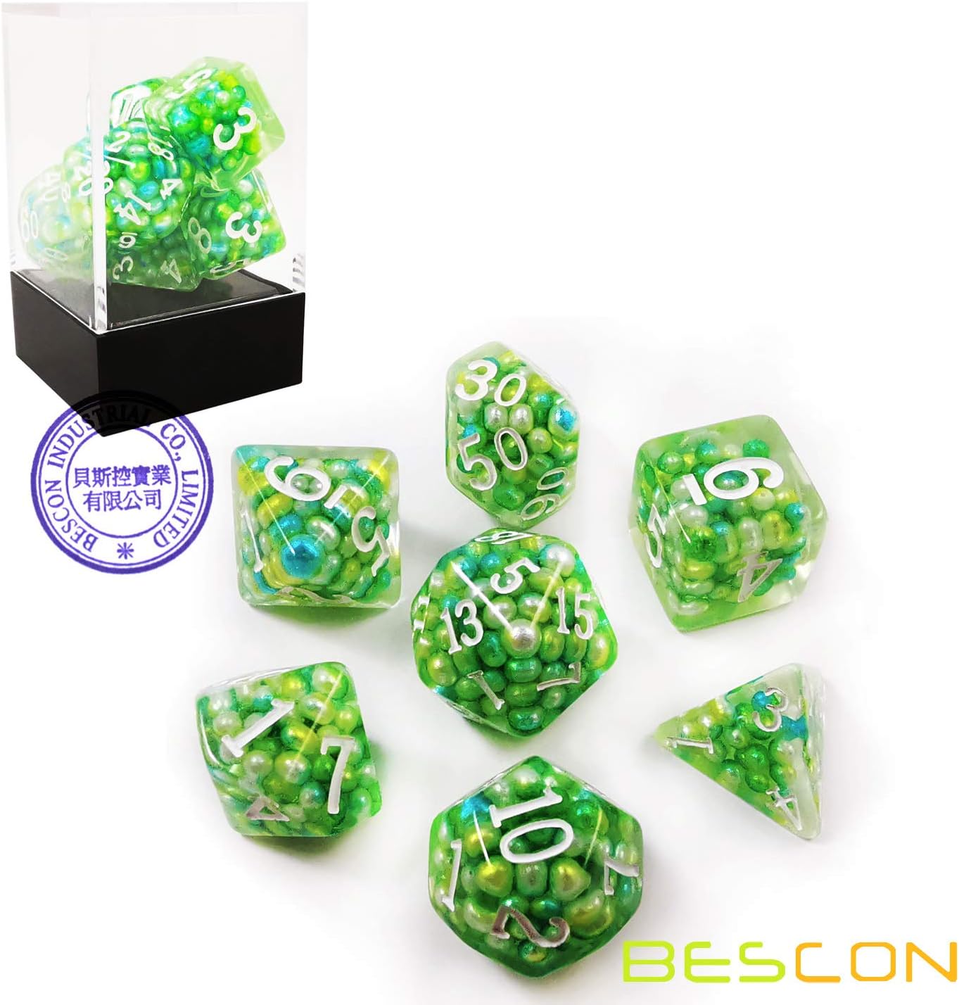Bescon Olive Pearl Polyhedral Dice Set, Pearl Poly RPG Dice Set of 7