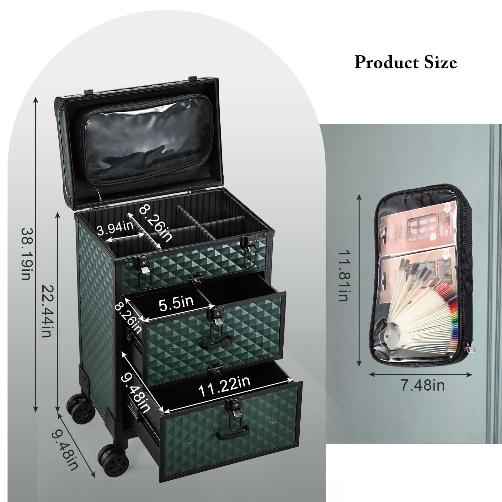 Kosmetik Trolley mit 2 Schubladen Friseurkoffer Groß Kosmetikkoffer Ngaelkoffer Make up Koffer mit 360° drehbare Rollen Schminkkoffer Abschließbarer Nageldesign Koffer Werkzugkoffer,Dunkelgrün