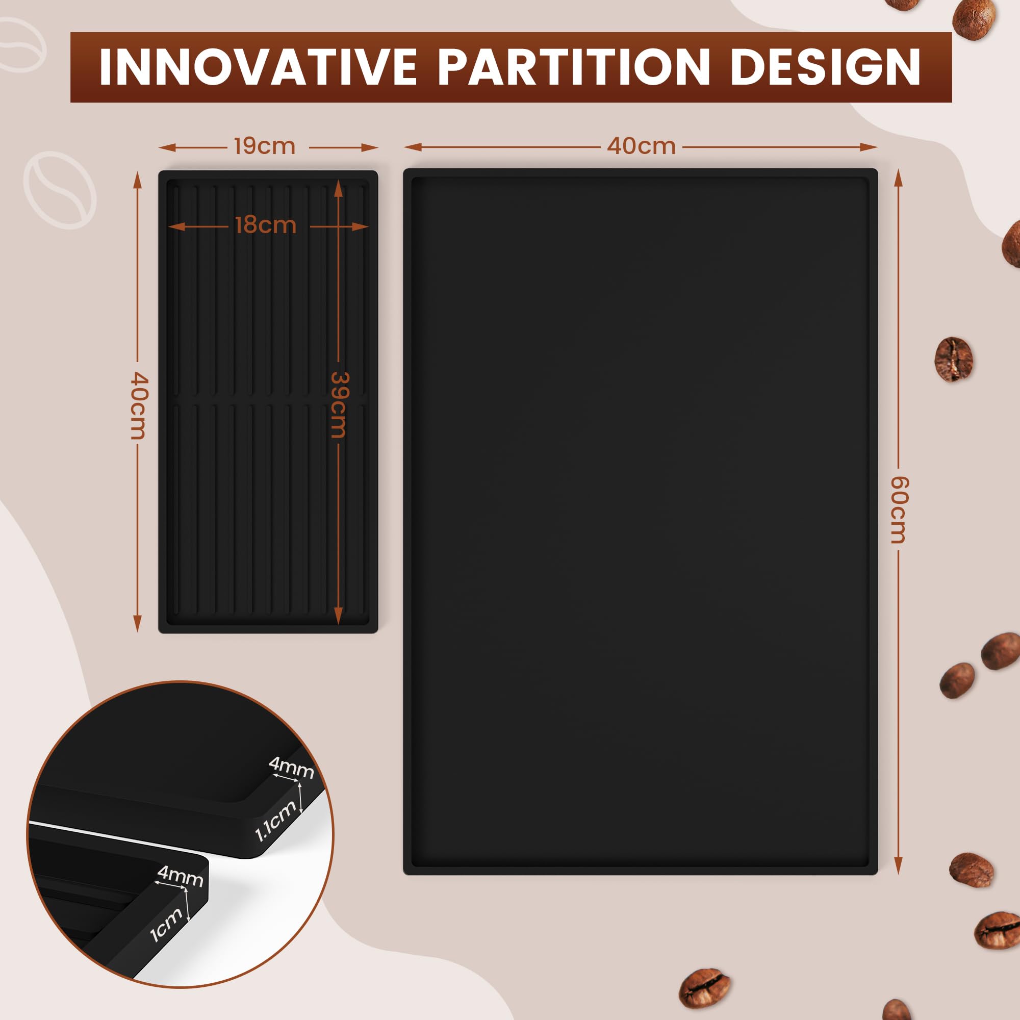 SOSMAR Tappetino in Silicone per Caffè con Bordo Rialzato e Vassoio Separabile 60x40 cm, per Macchina da Espresso, Scolapiatti e Asciugapiatti (Nero)