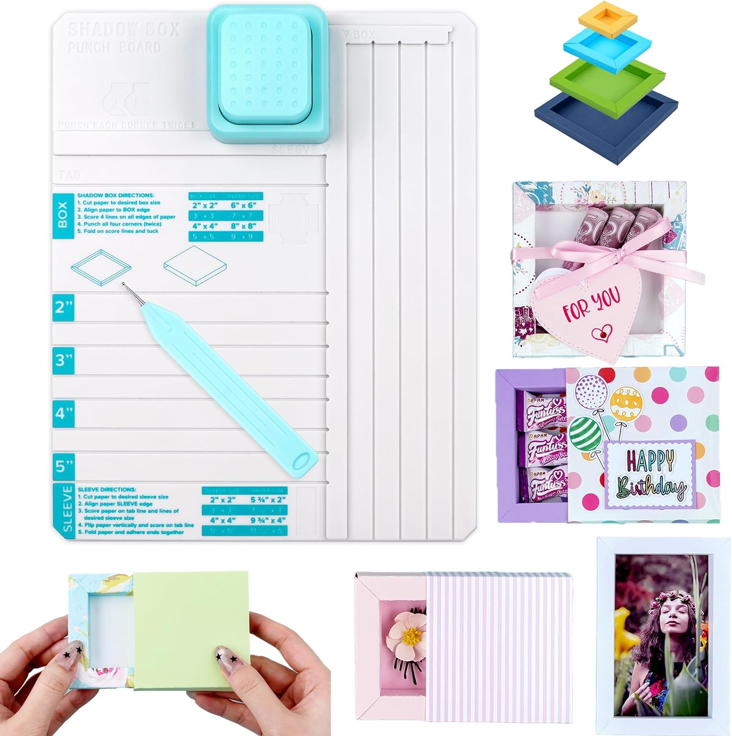 BAOFALI Shadow Box Punch Board for DIY Making 2" 3" 4" 5" Shadow Boxes and Sleeves, Shadow Box Punches Boards with Scoring Tool for DIY Crafting Scrapbooking Holiday Cards Photo