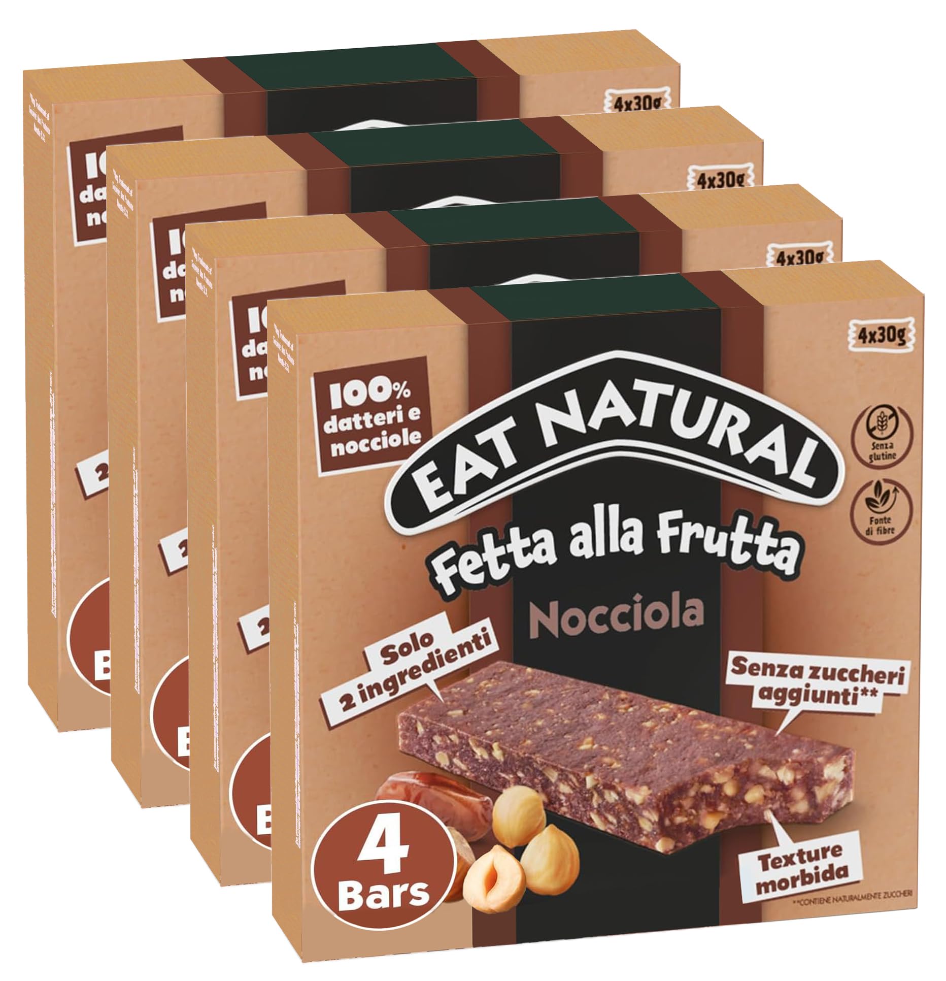 4X Eat Natural Fetta alla Frutta Nocciola Barretta con Datteri e Nocciole Senza Glutine (Gluten Free) 120g