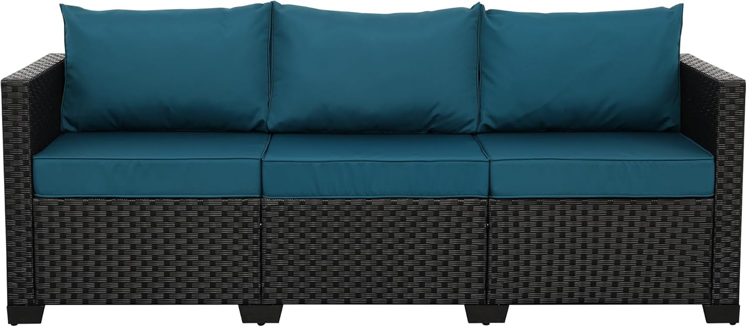 Rattan Star Patio Furniture Outdoor Couch 3 Seater Sofa Outdoor Brown Wicker Sofa Deep Seat High Backrest Patio Couch with Non-Slip Cushions and Waterproof Cover, Navy Blue